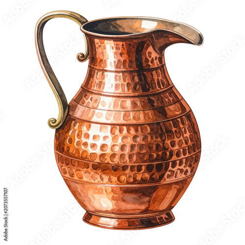 A watercolor illustration of a shiny copper pitcher with an ornate handle