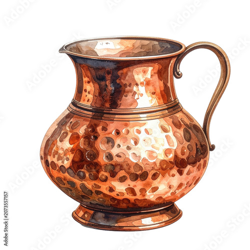 Watercolor illustration of a hammered copper pitcher, with a handle, against a black background