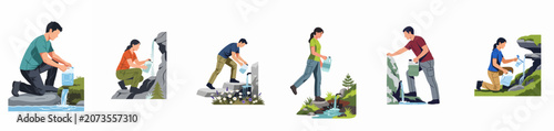 Obraz na płótnie Set of flat vector illustrations depicting various people collecting fresh natural spring water from mountain streams and waterfalls into plastic canisters
