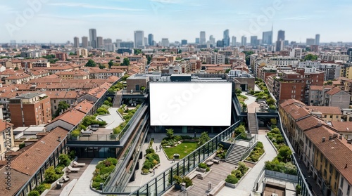 Modern Cityscape with Rooftop Advertising Billboard and Lush Greenery, Cinematic Aerial View