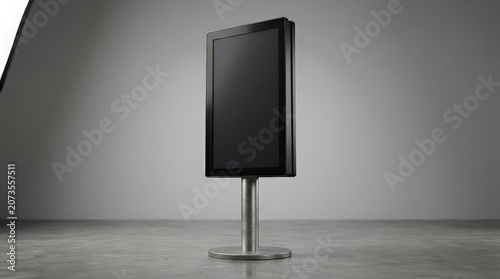 Sleek Matte Black Digital Advertising Panel on a Modern Metallic Stand, Displaying a Blank Screen
