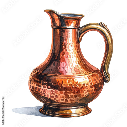 A watercolor illustration of a shiny copper pitcher with a handle and spout