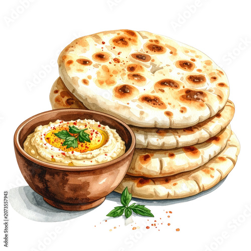 Watercolor illustration of hummus in a bowl with pita bread, and garnish on a white plate