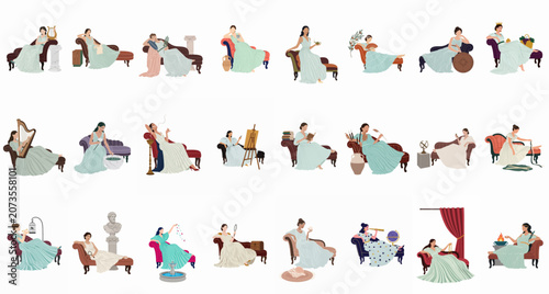 Set of Flat Vector Illustrations Featuring Ancient Muses and Goddesses in Classical Dress Engaged in Various Artistic, Intellectual, and Leisure Activities