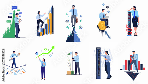 Flat Vector Illustrations of Business Professionals Navigating Financial Markets, Analyzing Stock Data, and Managing Economic Growth and Investment Strategies