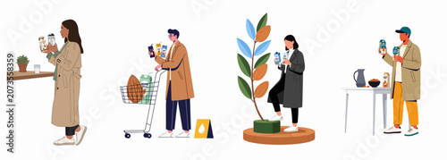 People choosing and drinking healthy plant-based almond milk alternatives in various daily life settings, flat vector illustration.