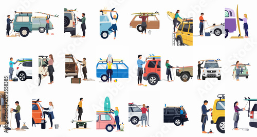 Photography A collection of flat vector illustrations featuring people in wetsuits loading and securing surfboards on various vehicles for an adventurous surfing road trip