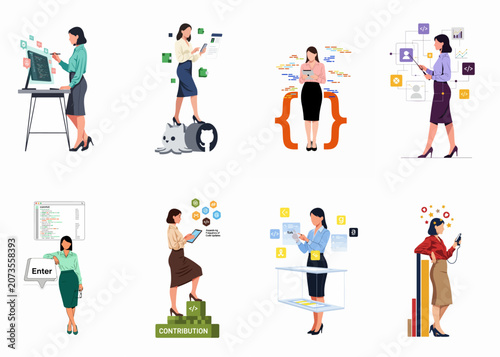 Collection of Eight Flat Vector Illustrations of Professional Women Working in Software Development, Coding, Data Analysis, and Modern Technology Fields.