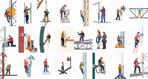 Fotografie Set of flat vector illustrations featuring industrial workers and technicians performing maintenance and repair tasks at high altitudes using safety gear