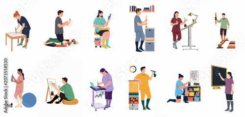 Collection of healthcare professionals in scrubs performing various occupational therapy and rehabilitation tasks in a clinical or home care setting.