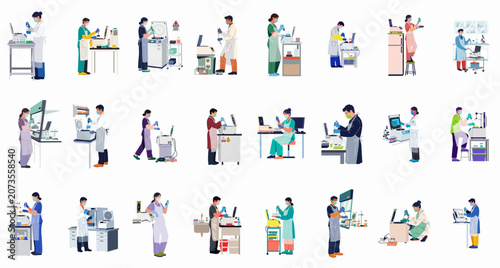 A comprehensive collection of diverse scientists and laboratory technicians working with advanced equipment such as pipettes, centrifuges, and microscopes in a research setting.