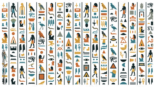 Fotografie Ancient egyptian hieroglyphs with symbols of pharaohs, animals, and mythological creatures