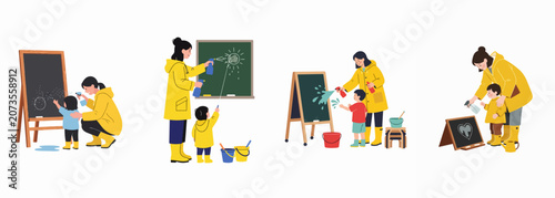 Illustrations of children and teachers in yellow raincoats using spray bottles to draw and clean chalkboards with water.