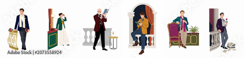 Elegant collection of illustrated characters in sophisticated attire at the theater, opera, and on classic balconies, reflecting a cultured and romantic lifestyle.