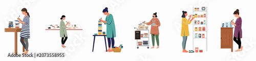 Flat vector illustrations of women organizing, labeling, and preparing healthy food in various kitchen settings for efficient meal planning and lifestyle management.