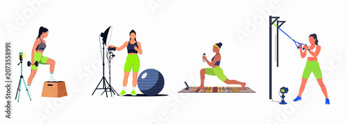 Fitness influencer and personal trainer filming various home workouts and studio content for social media and online coaching platforms.