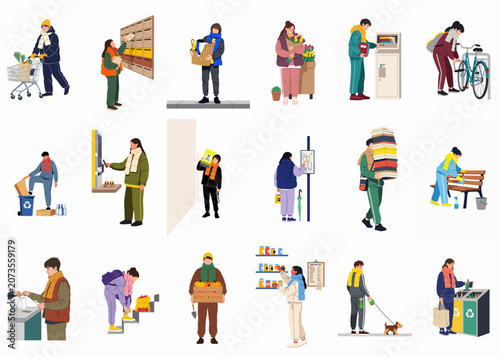 A collection of various people in flat illustration style performing everyday chores, errands, and tasks in a modern urban environment.