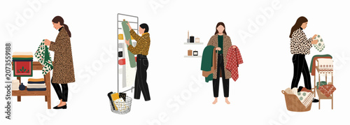 Flat illustration set of a woman in leopard print apparel organizing and shopping for textiles, fabrics, and home decor items.