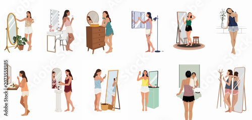 Flat vector illustration collection of various women performing daily skincare and beauty routines in front of mirrors in their homes.