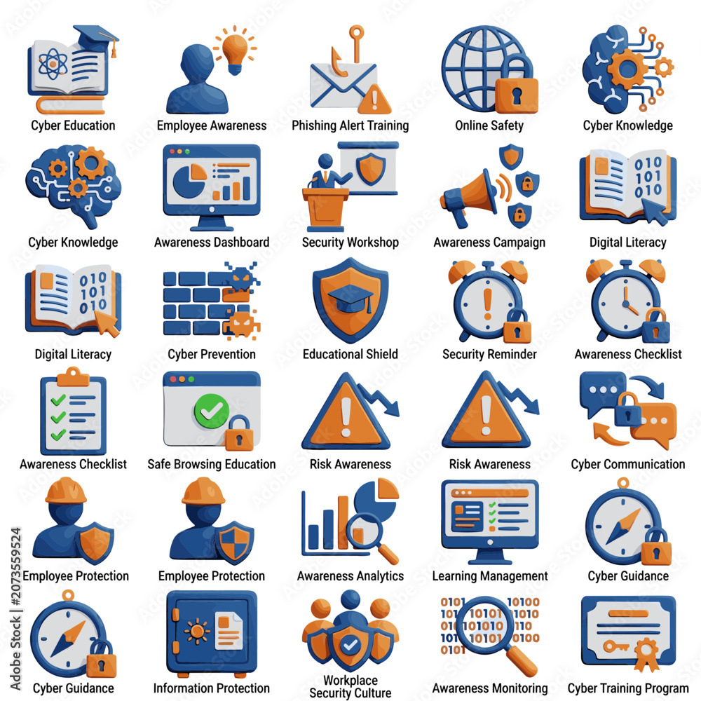 Fototapeta premium Cyber Security, Digital Literacy, and Awareness Icons - Vector Set