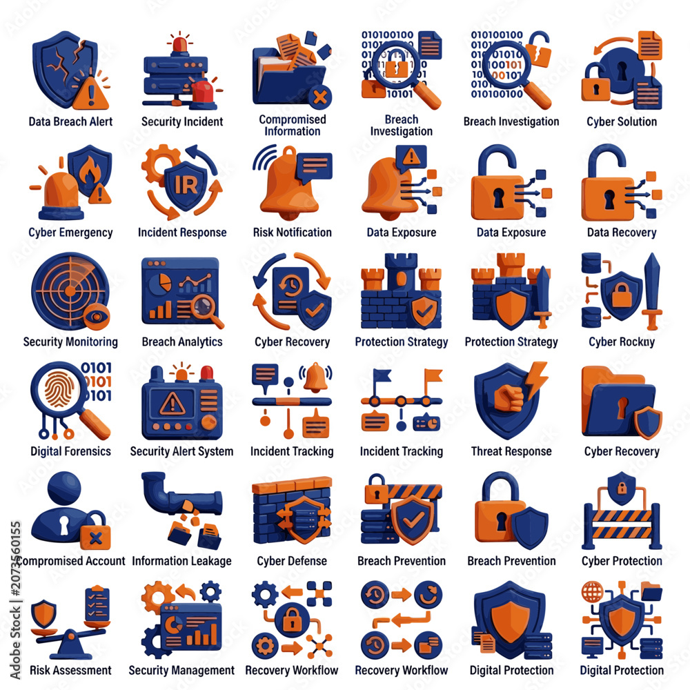Fototapeta premium Cyber Security Icons: Data Protection, Breach, Network, Threat, and Analysis