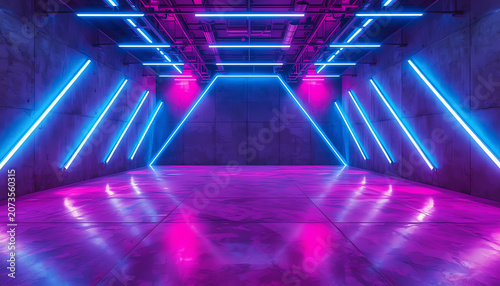 Minimal techno concept with modern empty hall with blank wall and neon paints. 