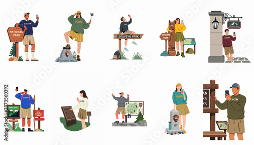 Tableau sur toile Set of flat vector illustrations featuring diverse tourists exploring national parks, taking selfies, and using mobile phones near trailheads and signs