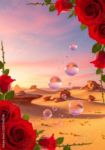 Crimson roses frame a vast arid landscape where iridescent crystal pink bubbles drift through the golden desert air under a glowing sky, terrain, frame, pink