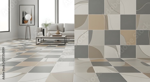 Modern Living Room with Geometric Patterned Floor and Wall Tiles.