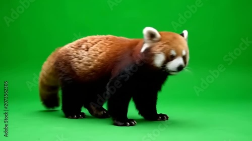 Captivating red panda stands alert on a vibrant green screen, highlighting its fluffy fur and distinctive markings, ideal for creative compositing or wildlife projects