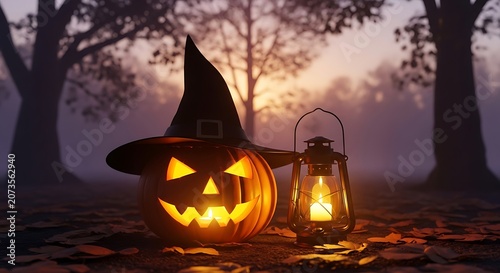 Halloween pumpkin with witch hat and glowing vintage lantern in spooky forest at sunset background