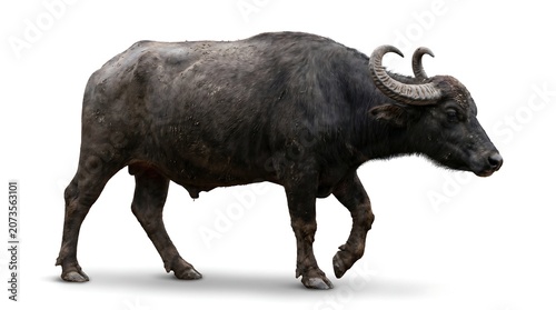 Full body side view of a water buffalo isolated on a white background.