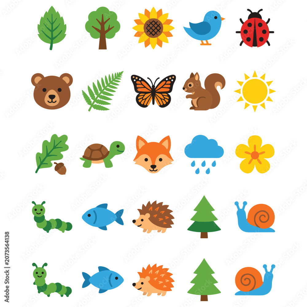 Fototapeta premium Nature and wildlife animal flat icons set with forest flora and fauna environmental signs.