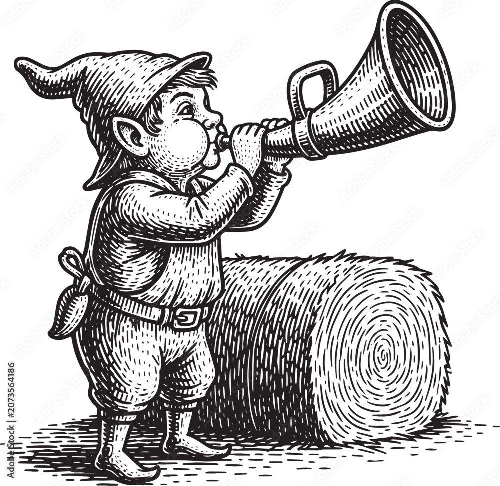 Fototapeta premium Engraved Illustration of a Gnome Announcing Harvest on Hay Bale