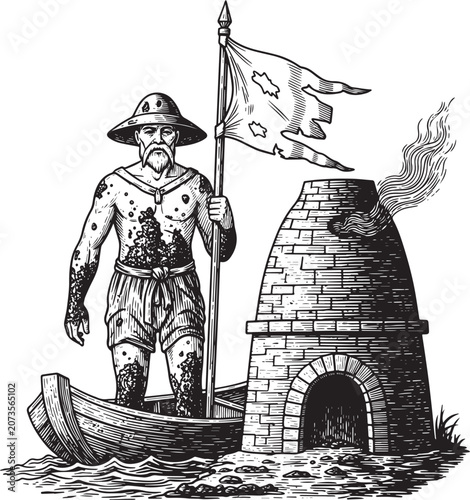 Vintage Engraving Depicting a Plague Victim Sailing Away with a