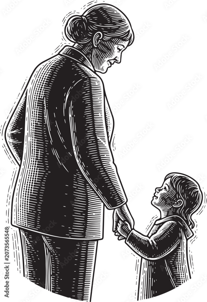Obraz premium Touching Engraved Illustration of Affectionate Mother and Child
