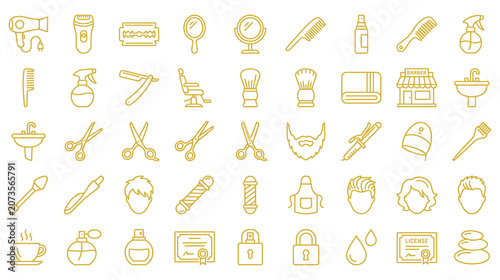 Quadro su tela Professional barbershop and hair salon icons set in golden line style for beauty services