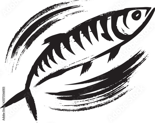 Elegant sumi-e illustration featuring a sardine with a minimalis
