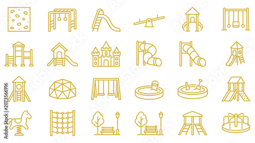 Canvas Print Playground equipment line icons set for kids outdoor recreation area park landscape design