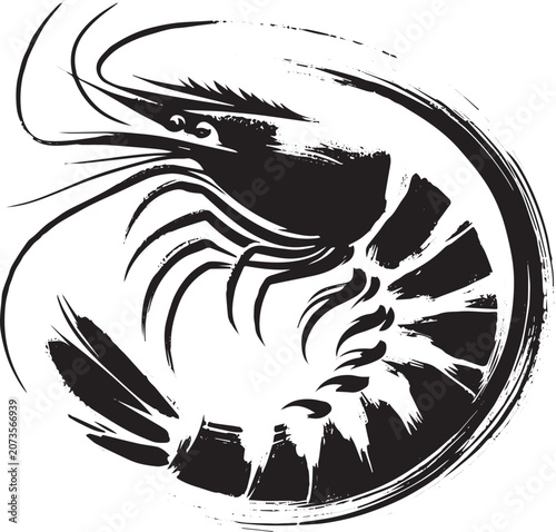 Elegant sumi-e prawn illustration with circular brush stroke eff