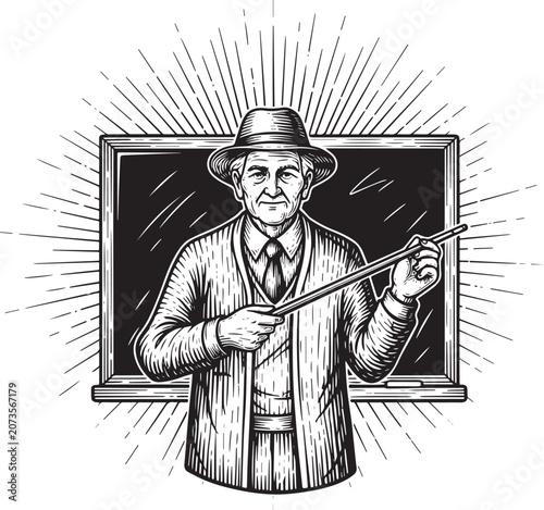 Engraved illustration of a senior teacher with a pointer, standi