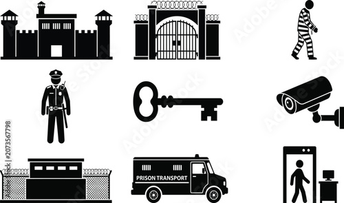 Photos Comprehensive Set of Prison and Justice Icons Featuring Correctional Facility Bu