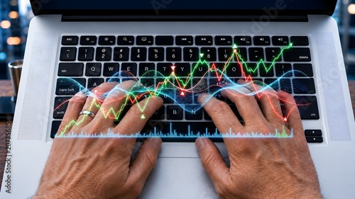 Close-up of hands typing on a laptop while analyzing digital financial trading charts and AI-powered investment analytics. Suitable for fintech, stock trading, cryptocurrency, forex, and modern financ