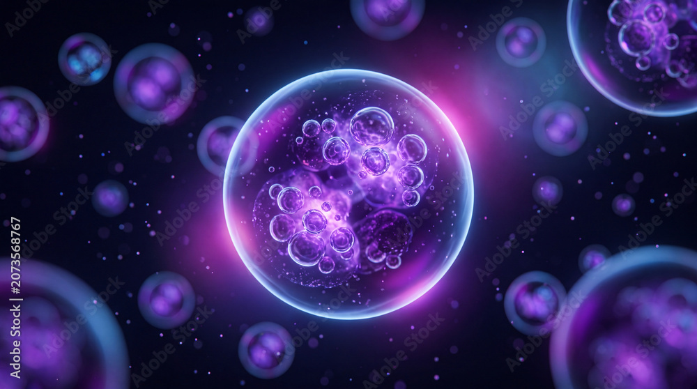 Fototapeta premium Abstract 3D render of glowing purple biological cells and floating microscopic spheres in a dark cosmic space background with ethereal light effects