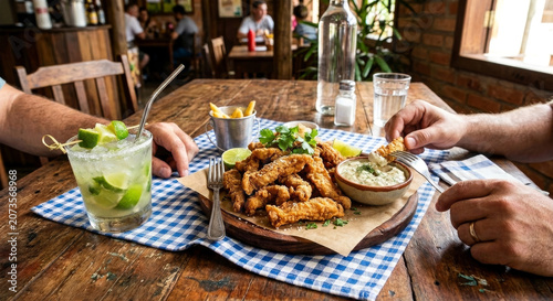 A serving of crispy alligator bites served with tartar sauce, french fries, and a lime caipirinha on a rustic bar table during happy hour