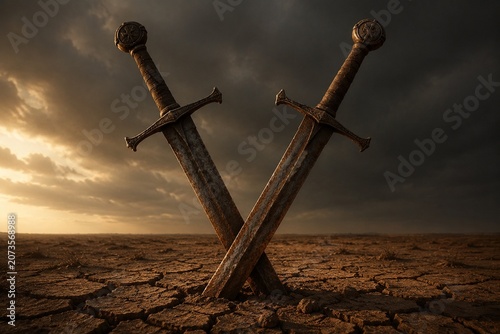 Two rusted longswords crossed and planted in cracked, dry earth.