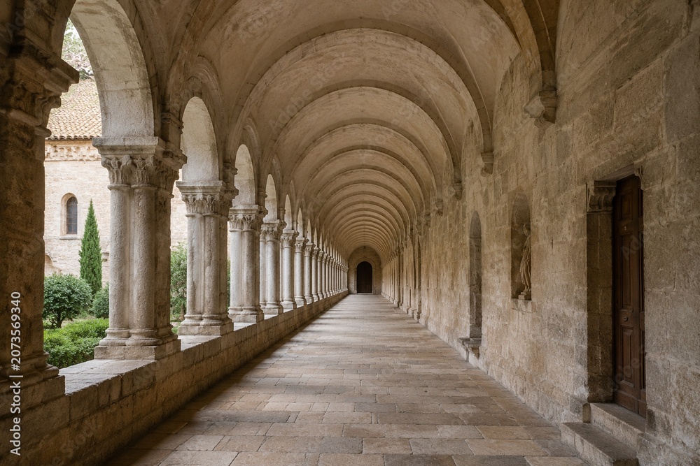 Obraz premium Monastery corridor with repeating stone arches extending into the distance, showcasing architectural symmetry.