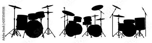 Drums set with black silhouette on white background featuring percussion, rhythm, musical instrument with line art and minimalism