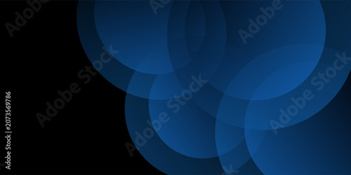 Abstract dark background featuring a modern geometric composition of overlapping transparent circles with deep blue gradients on a black backdrop.