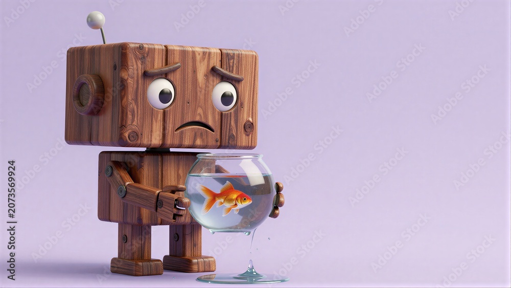 Fototapeta premium Wooden robot holds fishbowl with leaking water, sad expression on face.